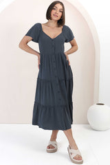 Karina Midi Dress - Button Down Cap Sleeve Tiered Dress in Navy