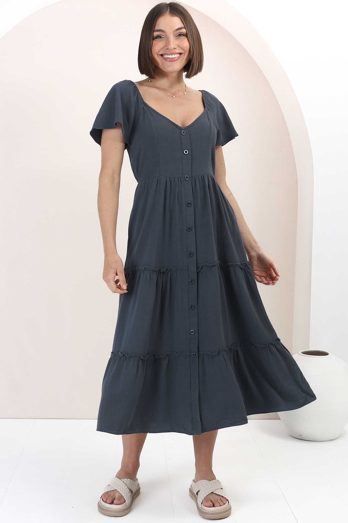 Karina Midi Dress - Button Down Cap Sleeve Tiered Dress in Navy