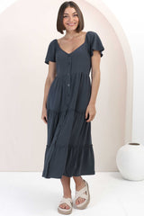 Karina Midi Dress - Button Down Cap Sleeve Tiered Dress in Navy