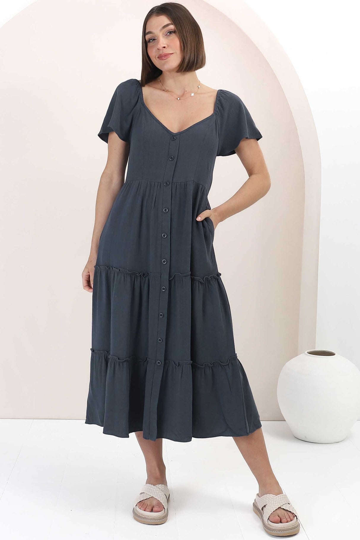 Karina Midi Dress - Button Down Cap Sleeve Tiered Dress in Navy