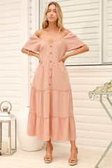 Model wearing Karina Midi Dress in Pink from Salty Crush