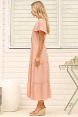 Model wearing Karina Midi Dress in Pink from Salty Crush