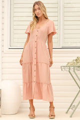 Model wearing Karina Midi Dress in Pink from Salty Crush