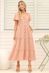 Model wearing Karina Midi Dress in Pink from Salty Crush