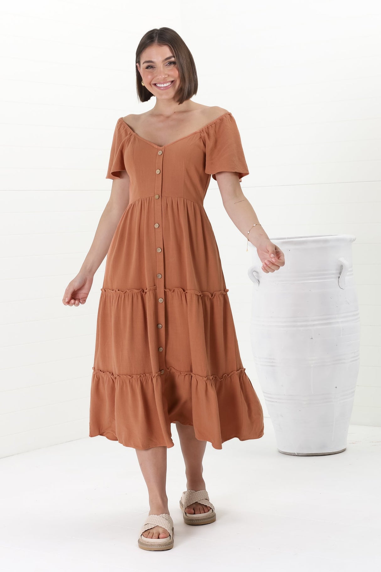 Karina Midi Dress - Button Down Cap Sleeve Tiered Dress in Rust