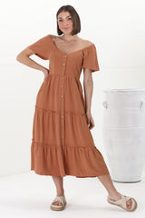 Karina Midi Dress - Button Down Cap Sleeve Tiered Dress in Rust