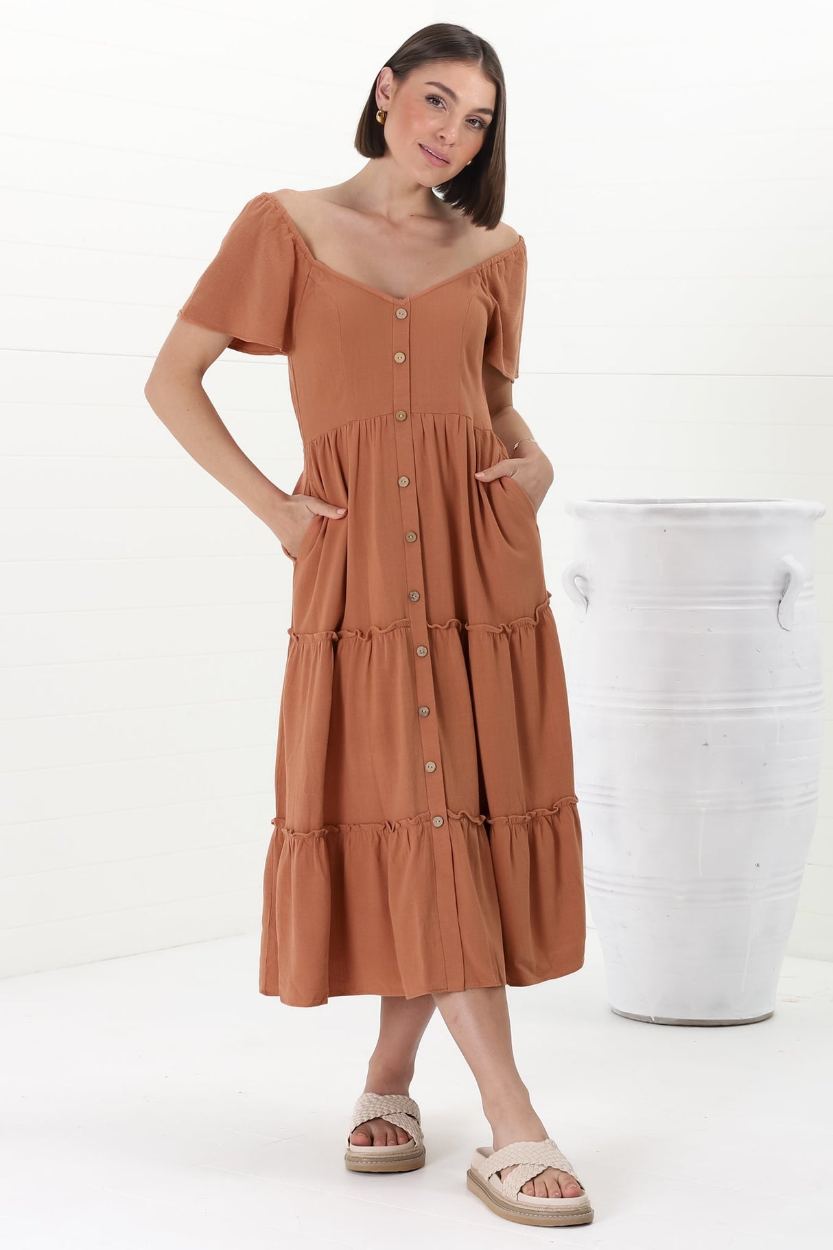 Karina Midi Dress - Button Down Cap Sleeve Tiered Dress in Rust