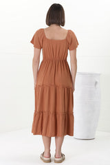 Karina Midi Dress - Button Down Cap Sleeve Tiered Dress in Rust