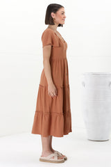 Karina Midi Dress - Button Down Cap Sleeve Tiered Dress in Rust