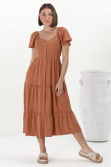 Karina Midi Dress - Button Down Cap Sleeve Tiered Dress in Rust