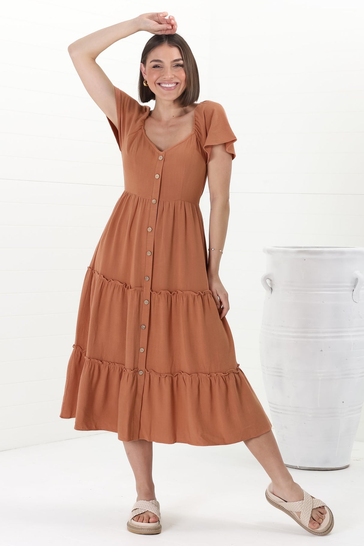 Karina Midi Dress - Button Down Cap Sleeve Tiered Dress in Rust