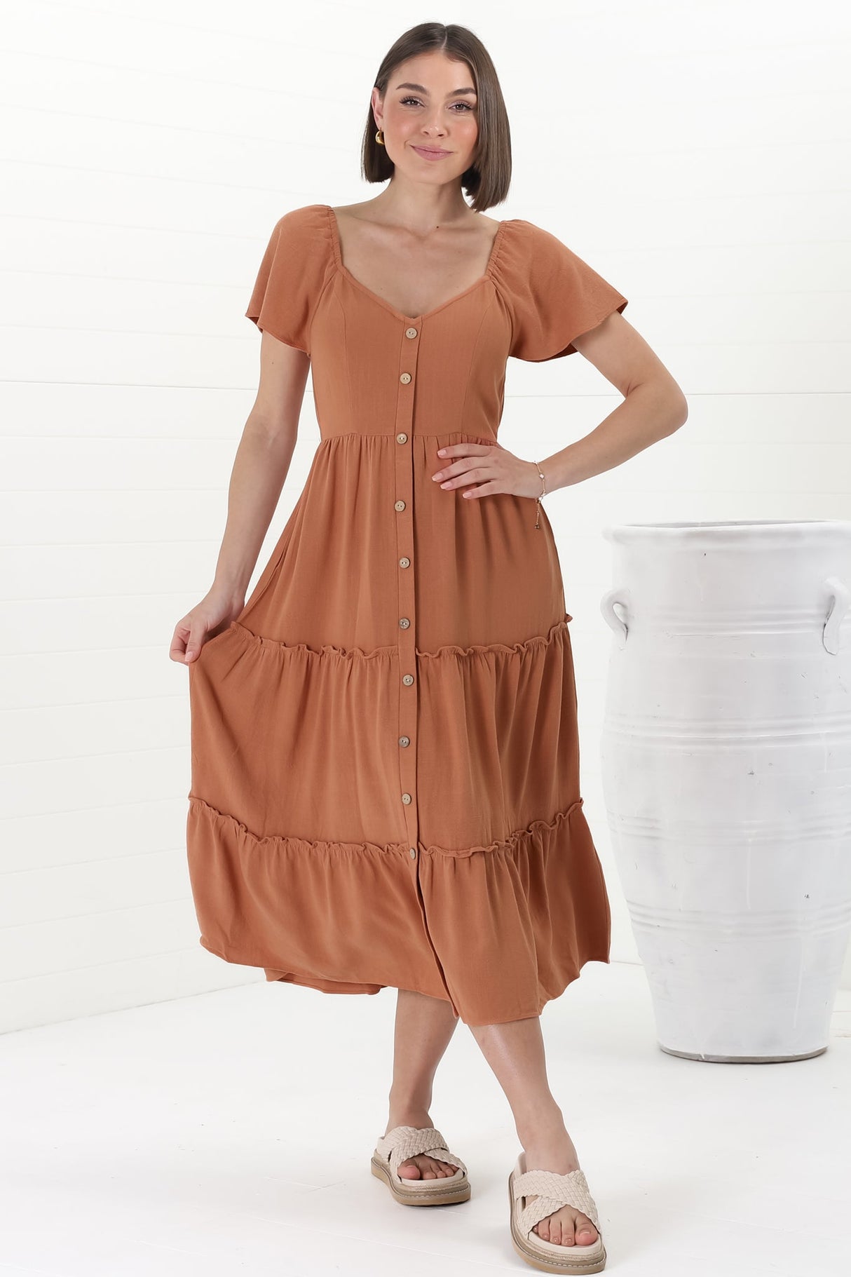 Karina Midi Dress - Button Down Cap Sleeve Tiered Dress in Rust