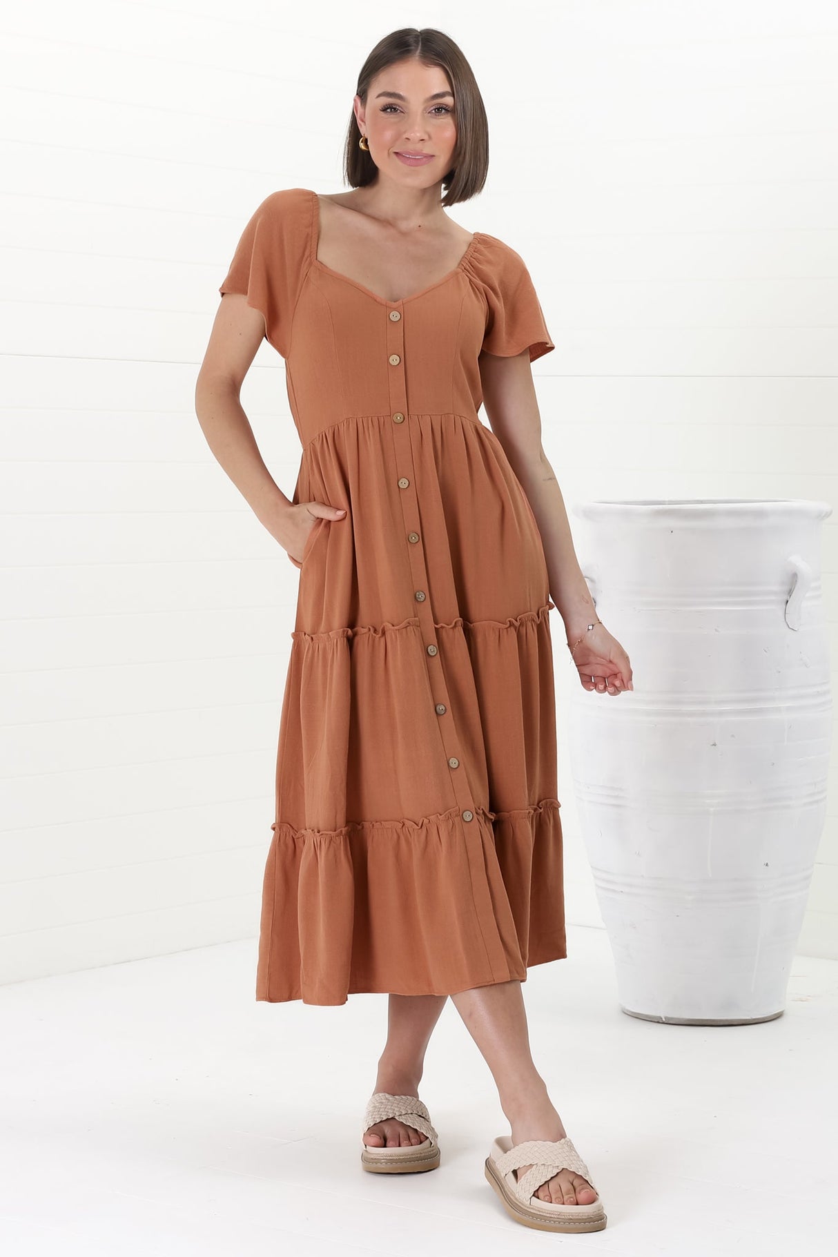 Karina Midi Dress - Button Down Cap Sleeve Tiered Dress in Rust