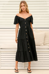Model wearing Karina Midi Dress in Black from Salty Crush