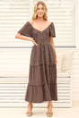 Model wearing Karina Midi Dress in Brown from Salty Crush