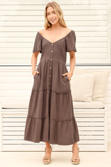 Model wearing Karina Midi Dress in Brown from Salty Crush