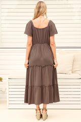 Model wearing Karina Midi Dress in Brown from Salty Crush