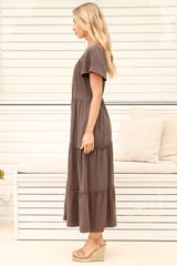 Model wearing Karina Midi Dress in Brown from Salty Crush