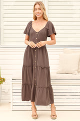 Model wearing Karina Midi Dress in Brown from Salty Crush