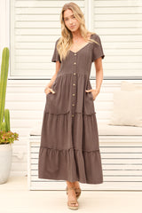 Model wearing Karina Midi Dress in Brown from Salty Crush