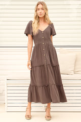 Model wearing Karina Midi Dress in Brown from Salty Crush