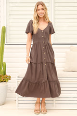 Model wearing Karina Midi Dress in Brown from Salty Crush