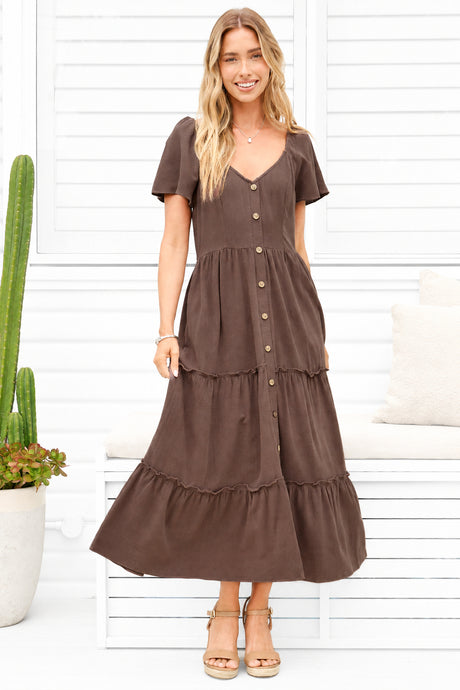 Model wearing Karina Midi Dress in Brown from Salty Crush