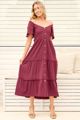 Model wearing Karina Midi Dress in Wine from Salty Crush
