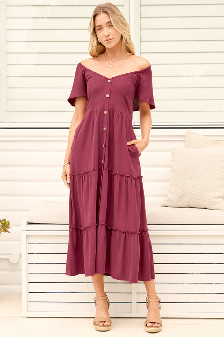 Model wearing Karina Midi Dress in Wine from Salty Crush