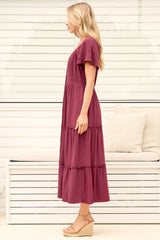 Model wearing Karina Midi Dress in Wine from Salty Crush