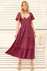 Model wearing Karina Midi Dress in Wine from Salty Crush