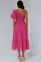 Karoline Midi Dress - One Shoulder Puffy Sleeve Tiered Dress in Hot Pink