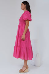 Karoline Midi Dress - One Shoulder Puffy Sleeve Tiered Dress in Hot Pink
