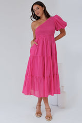 Karoline Midi Dress - One Shoulder Puffy Sleeve Tiered Dress in Hot Pink
