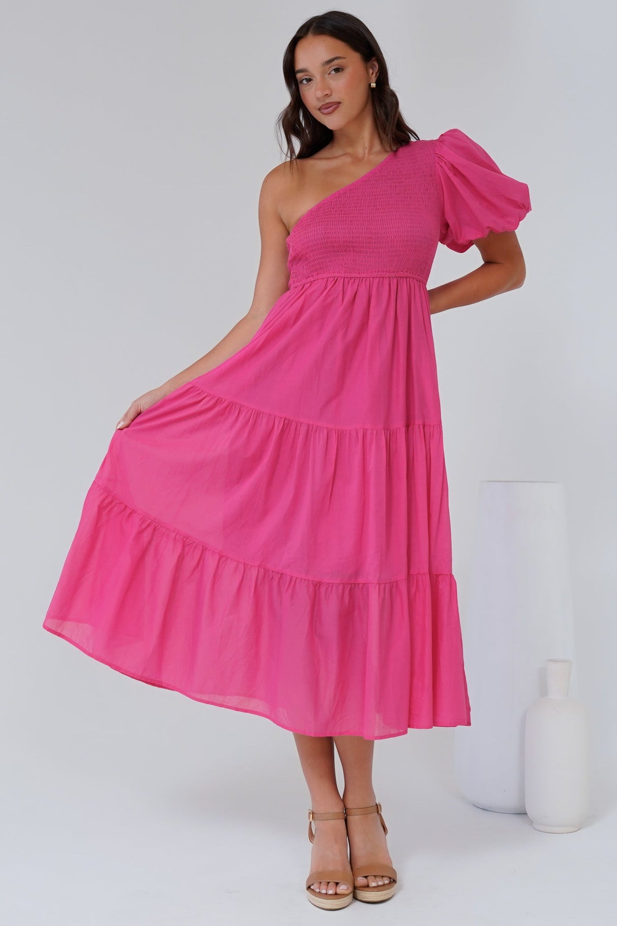 Karoline Midi Dress - One Shoulder Puffy Sleeve Tiered Dress in Hot Pink
