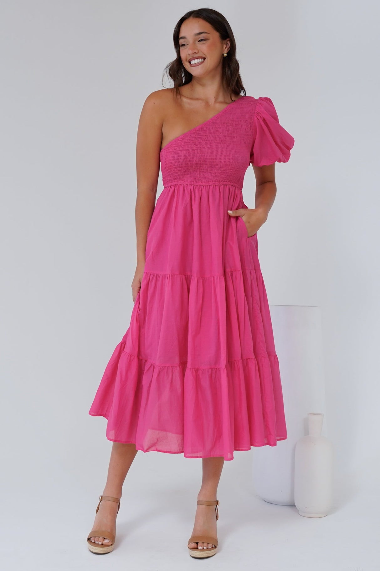 Karoline Midi Dress - One Shoulder Puffy Sleeve Tiered Dress in Hot Pink