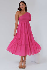Karoline Midi Dress - One Shoulder Puffy Sleeve Tiered Dress in Hot Pink