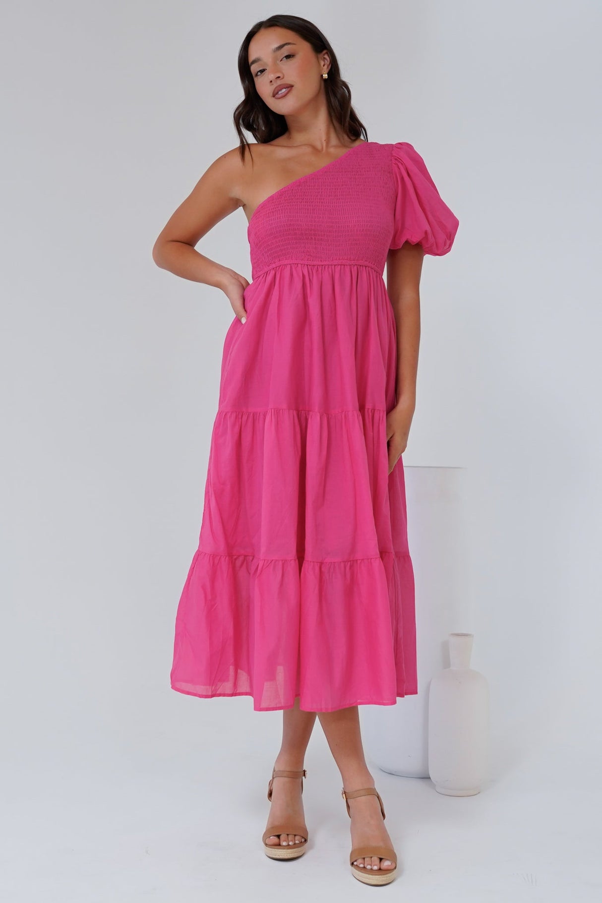 Karoline Midi Dress - One Shoulder Puffy Sleeve Tiered Dress in Hot Pink