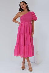 Karoline Midi Dress - One Shoulder Puffy Sleeve Tiered Dress in Hot Pink