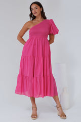 Karoline Midi Dress - One Shoulder Puffy Sleeve Tiered Dress in Hot Pink
