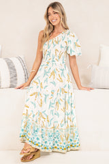 Karoline Midi Dress - One Shoulder Puffy Sleeve Tiered Dress in Passiona Print