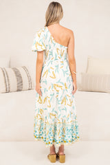 Karoline Midi Dress - One Shoulder Puffy Sleeve Tiered Dress in Passiona Print