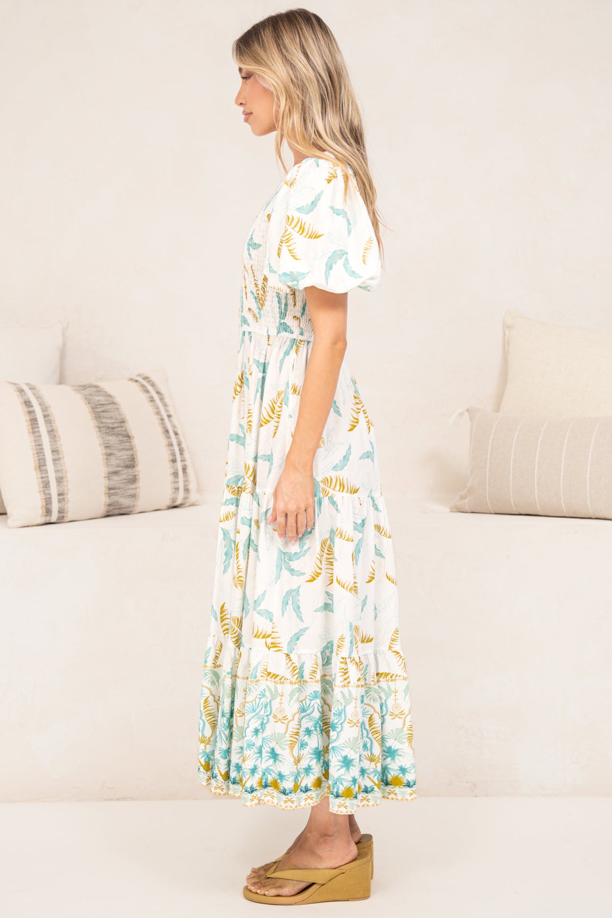Karoline Midi Dress - One Shoulder Puffy Sleeve Tiered Dress in Passiona Print