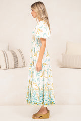 Karoline Midi Dress - One Shoulder Puffy Sleeve Tiered Dress in Passiona Print