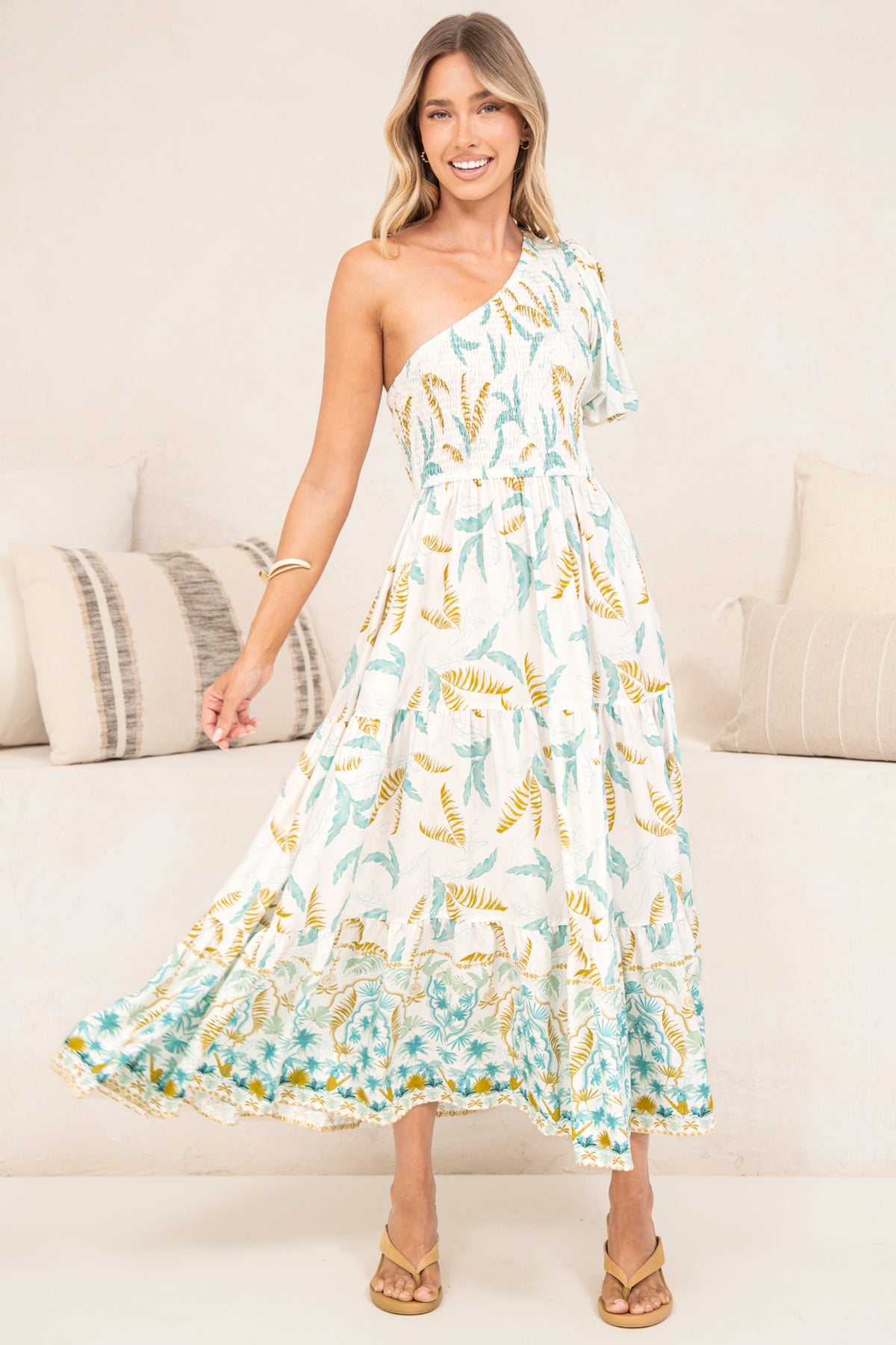 Karoline Midi Dress - One Shoulder Puffy Sleeve Tiered Dress in Passiona Print