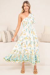 Karoline Midi Dress - One Shoulder Puffy Sleeve Tiered Dress in Passiona Print