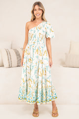 Karoline Midi Dress - One Shoulder Puffy Sleeve Tiered Dress in Passiona Print