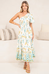 Karoline Midi Dress - One Shoulder Puffy Sleeve Tiered Dress in Passiona Print