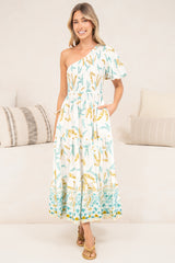 Karoline Midi Dress - One Shoulder Puffy Sleeve Tiered Dress in Passiona Print