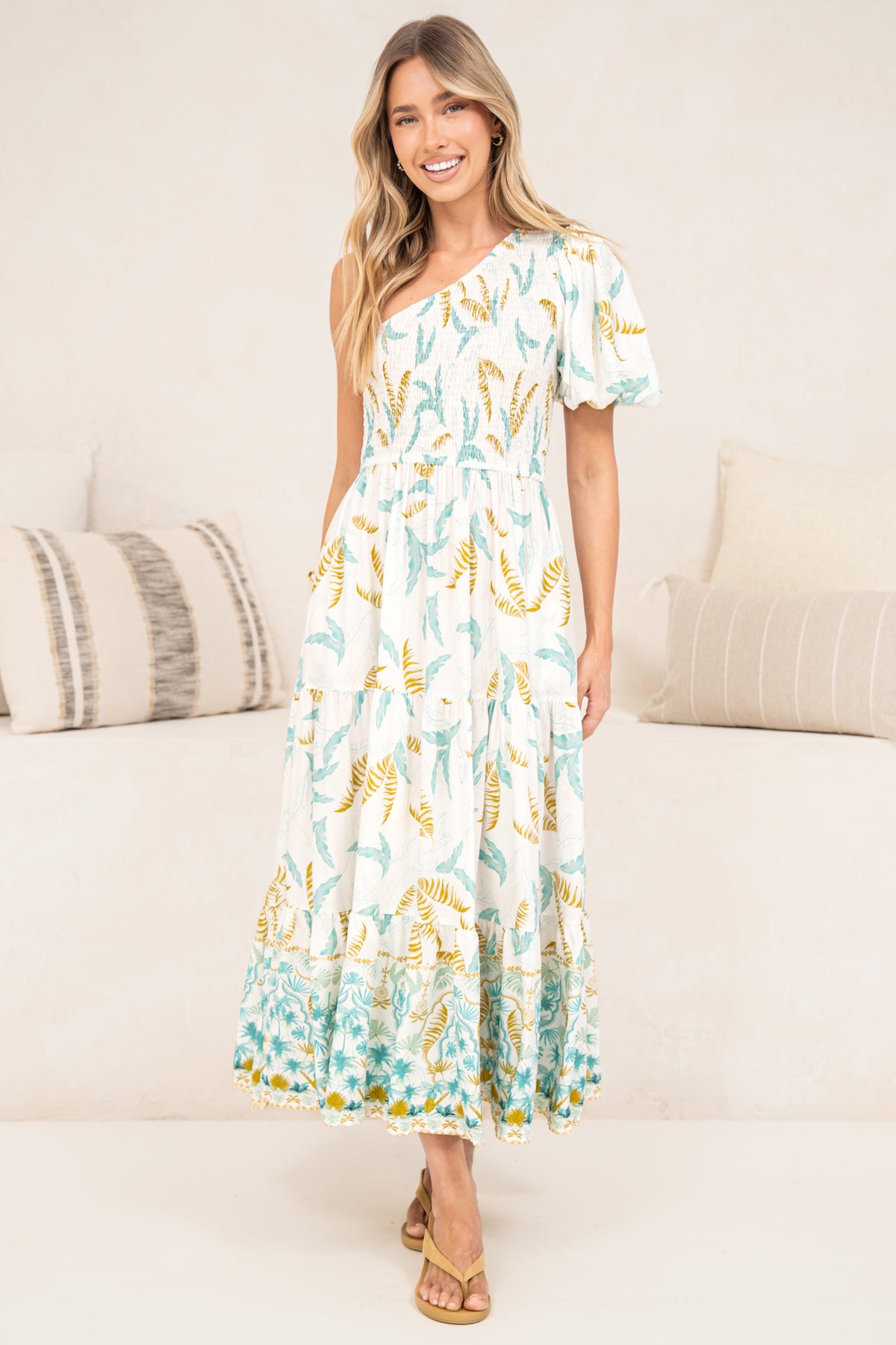 Karoline Midi Dress - One Shoulder Puffy Sleeve Tiered Dress in Passiona Print